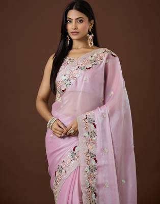 pink color smart tissue fabric sequins work smart bollywood saree 3