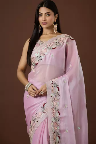 pink color smart tissue fabric sequins work smart bollywood saree