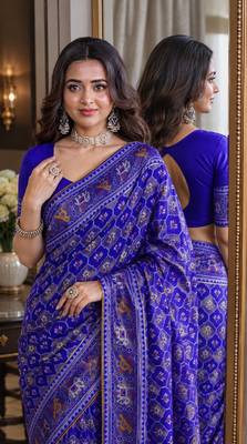 Royal blue soft silk blend banarasi jacuard work festive saree with unstitched blouse piece 2