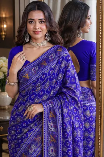 Royal blue soft silk blend banarasi jacuard work festive saree with unstitched blouse piece