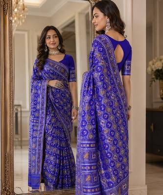 Royal blue soft silk blend banarasi jacuard work festive saree with unstitched blouse piece 3