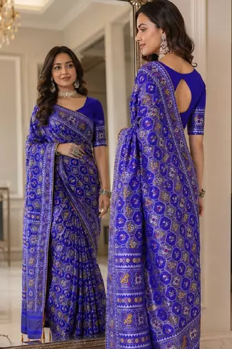 Royal blue soft silk blend banarasi jacuard work festive saree with unstitched blouse piece