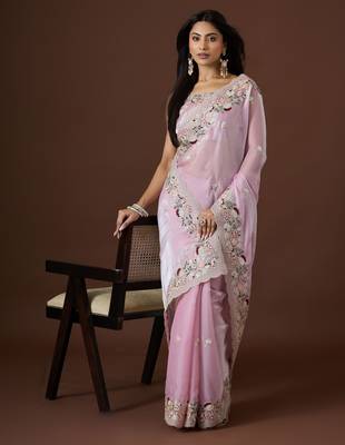 pink color smart tissue fabric sequins work smart bollywood saree 4