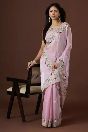 pink color smart tissue fabric sequins work smart bollywood saree