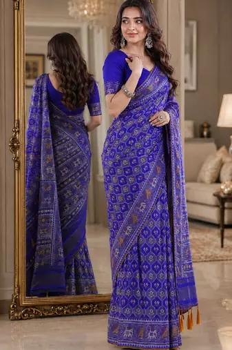 Royal blue soft silk blend banarasi jacuard work festive saree with unstitched blouse piece