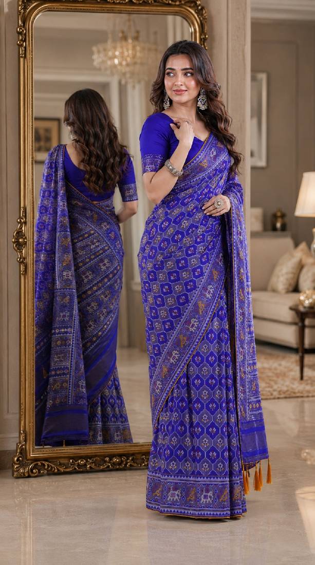 Royal blue soft silk blend banarasi jacuard work festive saree with unstitched blouse piece
