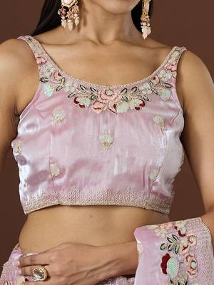 pink color smart tissue fabric sequins work smart bollywood saree 5