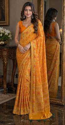 Yellow orange soft silk blend banarasi jacuard work festive saree with unstitched blouse piece 1