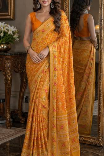 Yellow orange soft silk blend banarasi jacuard work festive saree with unstitched blouse piece
