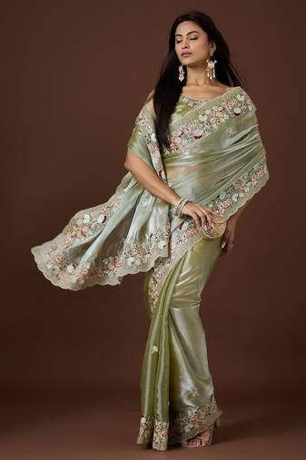 pista color smart tissue fabric sequins work smart bollywood saree