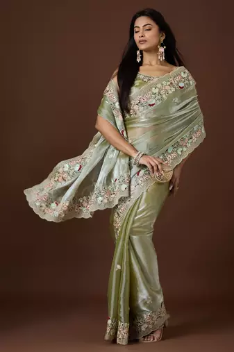 pista color smart tissue fabric sequins work smart bollywood saree