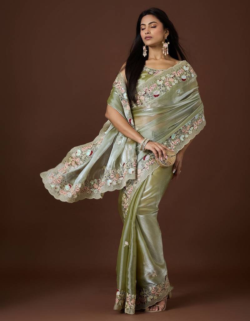 pista color smart tissue fabric sequins work smart bollywood saree