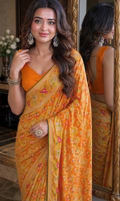 Yellow orange soft silk blend banarasi jacuard work festive saree with unstitched blouse piece 2