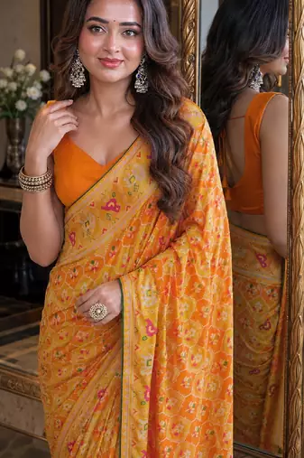 Yellow orange soft silk blend banarasi jacuard work festive saree with unstitched blouse piece