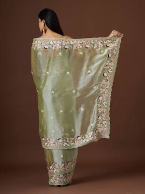 pista color smart tissue fabric sequins work smart bollywood saree 2