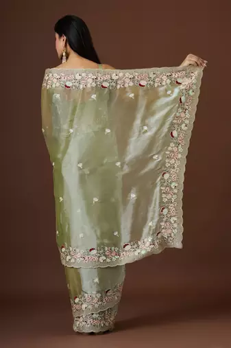 pista color smart tissue fabric sequins work smart bollywood saree