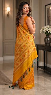 Yellow orange soft silk blend banarasi jacuard work festive saree with unstitched blouse piece 3