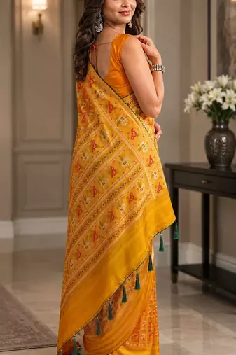 Yellow orange soft silk blend banarasi jacuard work festive saree with unstitched blouse piece