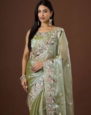 pista color smart tissue fabric sequins work smart bollywood saree 3