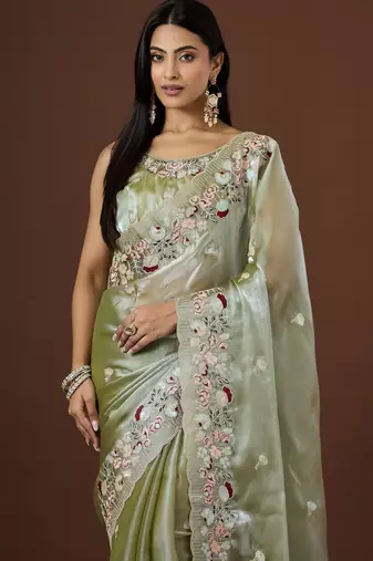 pista color smart tissue fabric sequins work smart bollywood saree