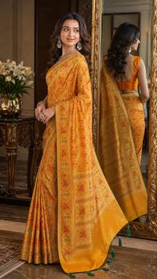 Yellow orange soft silk blend banarasi jacuard work festive saree with unstitched blouse piece 4