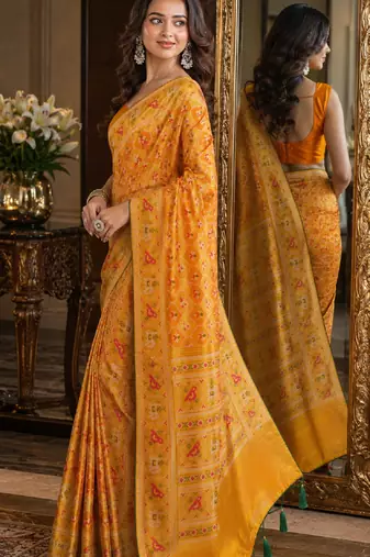Yellow orange soft silk blend banarasi jacuard work festive saree with unstitched blouse piece