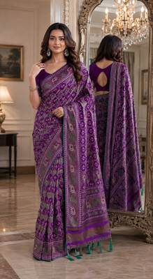 Purple soft silk blend banarasi jacuard work festive saree with unstitched blouse piece 1
