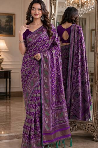 Purple soft silk blend banarasi jacuard work festive saree with unstitched blouse piece
