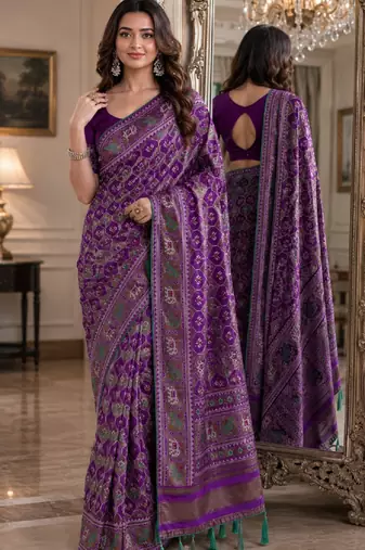 Purple soft silk blend banarasi jacuard work festive saree with unstitched blouse piece