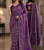 Purple soft silk blend banarasi jacuard work festive saree with unstitched blouse piece