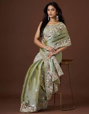 pista color smart tissue fabric sequins work smart bollywood saree 4