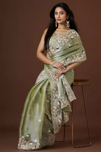 pista color smart tissue fabric sequins work smart bollywood saree