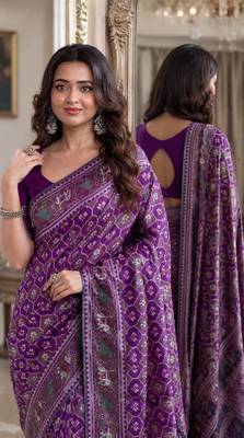 Purple soft silk blend banarasi jacuard work festive saree with unstitched blouse piece 2