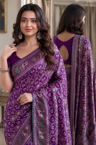 Purple soft silk blend banarasi jacuard work festive saree with unstitched blouse piece