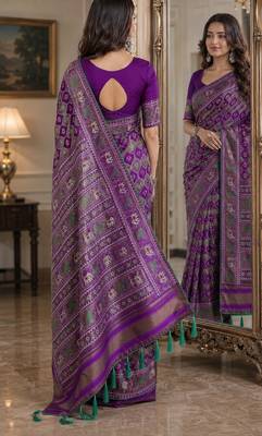 Purple soft silk blend banarasi jacuard work festive saree with unstitched blouse piece 3