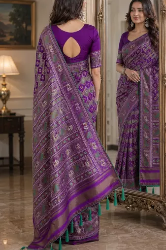 Purple soft silk blend banarasi jacuard work festive saree with unstitched blouse piece