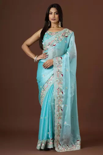 sea green color smart tissue fabric sequins work smart bollywood saree