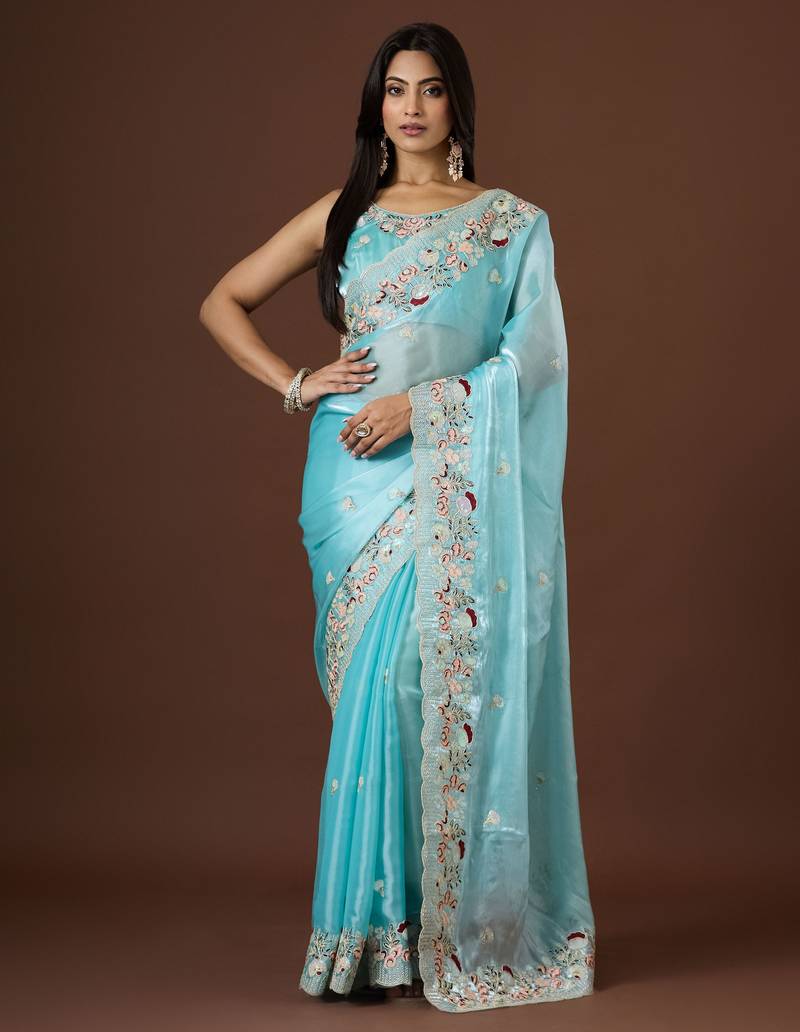 sea green color smart tissue fabric sequins work smart bollywood saree