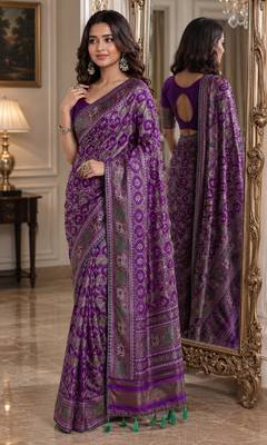 Purple soft silk blend banarasi jacuard work festive saree with unstitched blouse piece 4