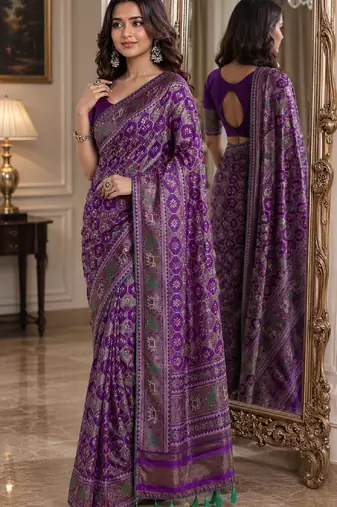 Purple soft silk blend banarasi jacuard work festive saree with unstitched blouse piece
