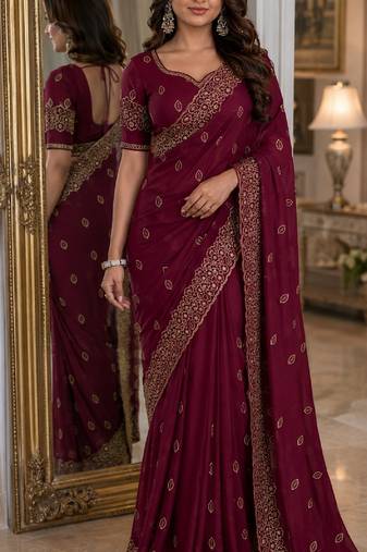 Wine soft georgette embroidery work festive saree with unstitched blouse piece