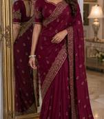 Wine soft georgette embroidery work festive saree with unstitched blouse piece