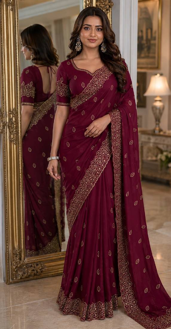 Wine soft georgette embroidery work festive saree with unstitched blouse piece