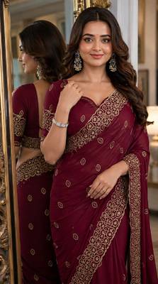 Wine soft georgette embroidery work festive saree with unstitched blouse piece 2