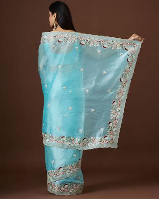 sea green color smart tissue fabric sequins work smart bollywood saree 2