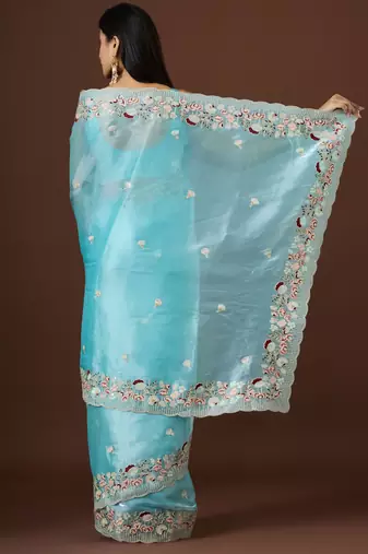 sea green color smart tissue fabric sequins work smart bollywood saree