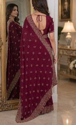 Wine soft georgette embroidery work festive saree with unstitched blouse piece 3