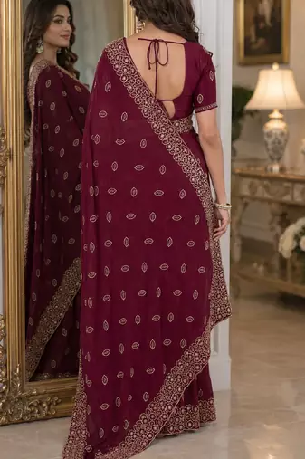 Wine soft georgette embroidery work festive saree with unstitched blouse piece
