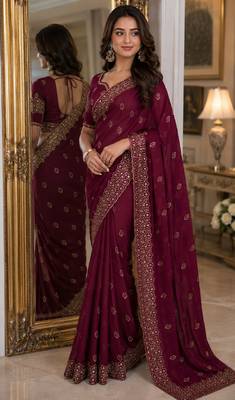Wine soft georgette embroidery work festive saree with unstitched blouse piece 4