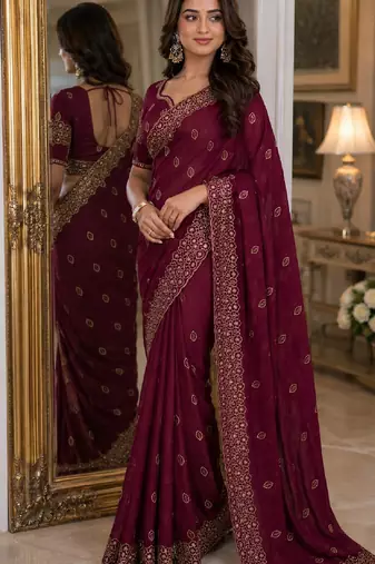 Wine soft georgette embroidery work festive saree with unstitched blouse piece